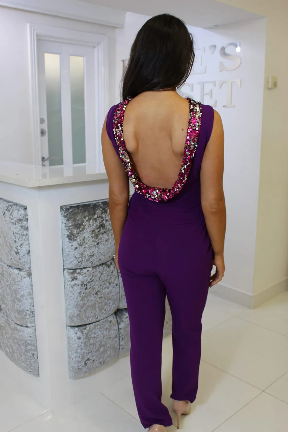 Purple Sequin Backless Jumpsuit