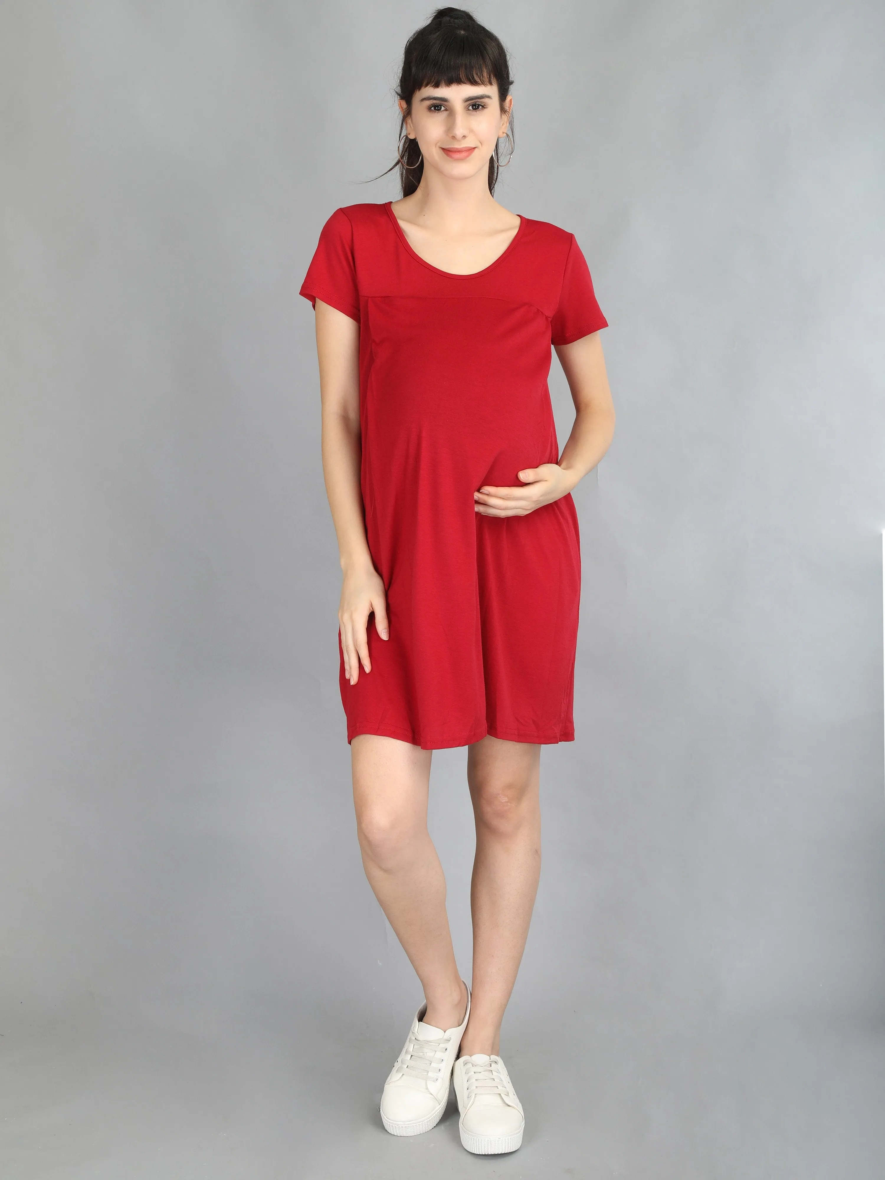 Red Maroon Maternity and Nursing Dress