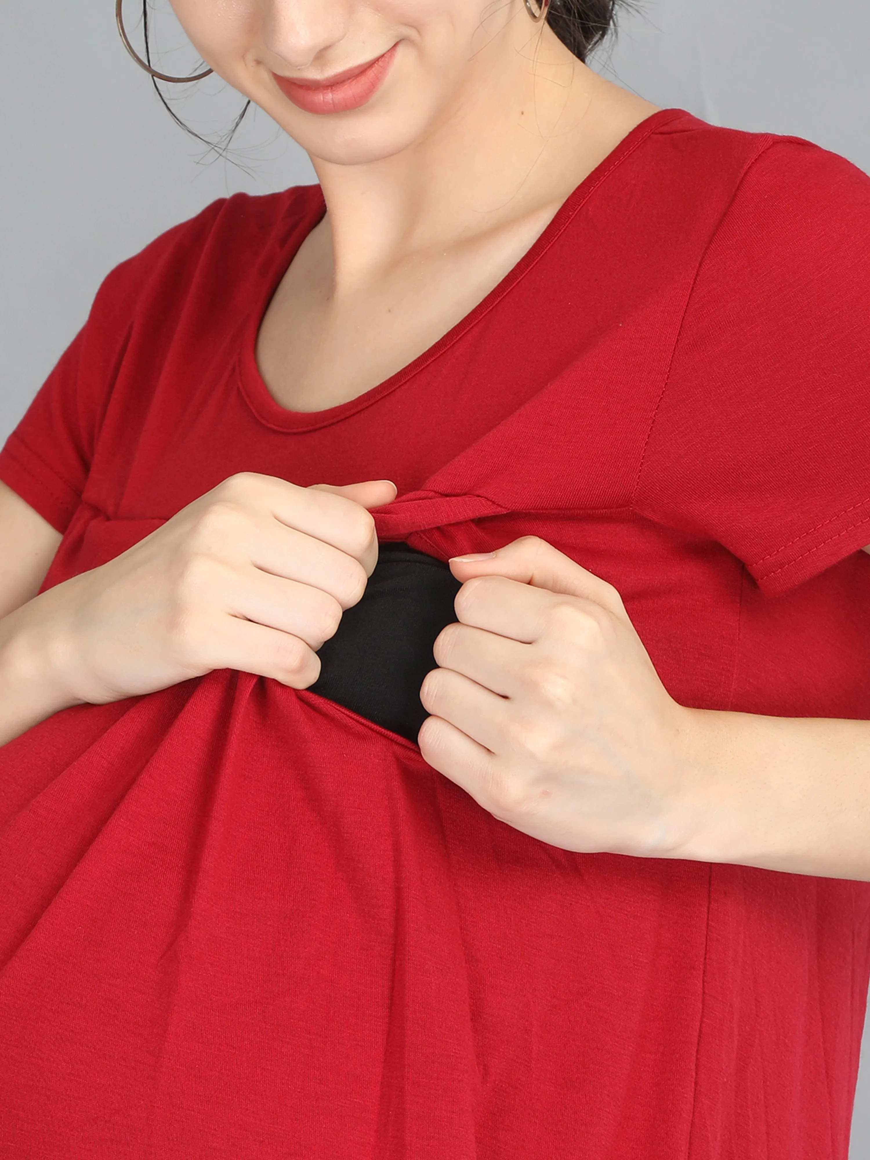 Red Maroon Maternity and Nursing Dress