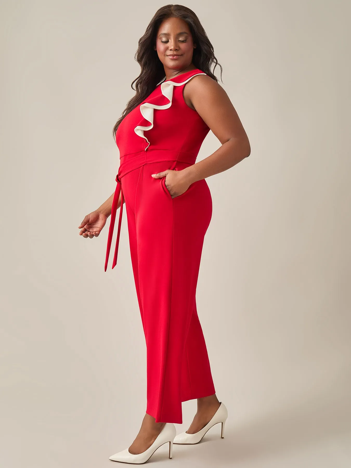 Ruffle Shoulder Jumpsuit, Crimson