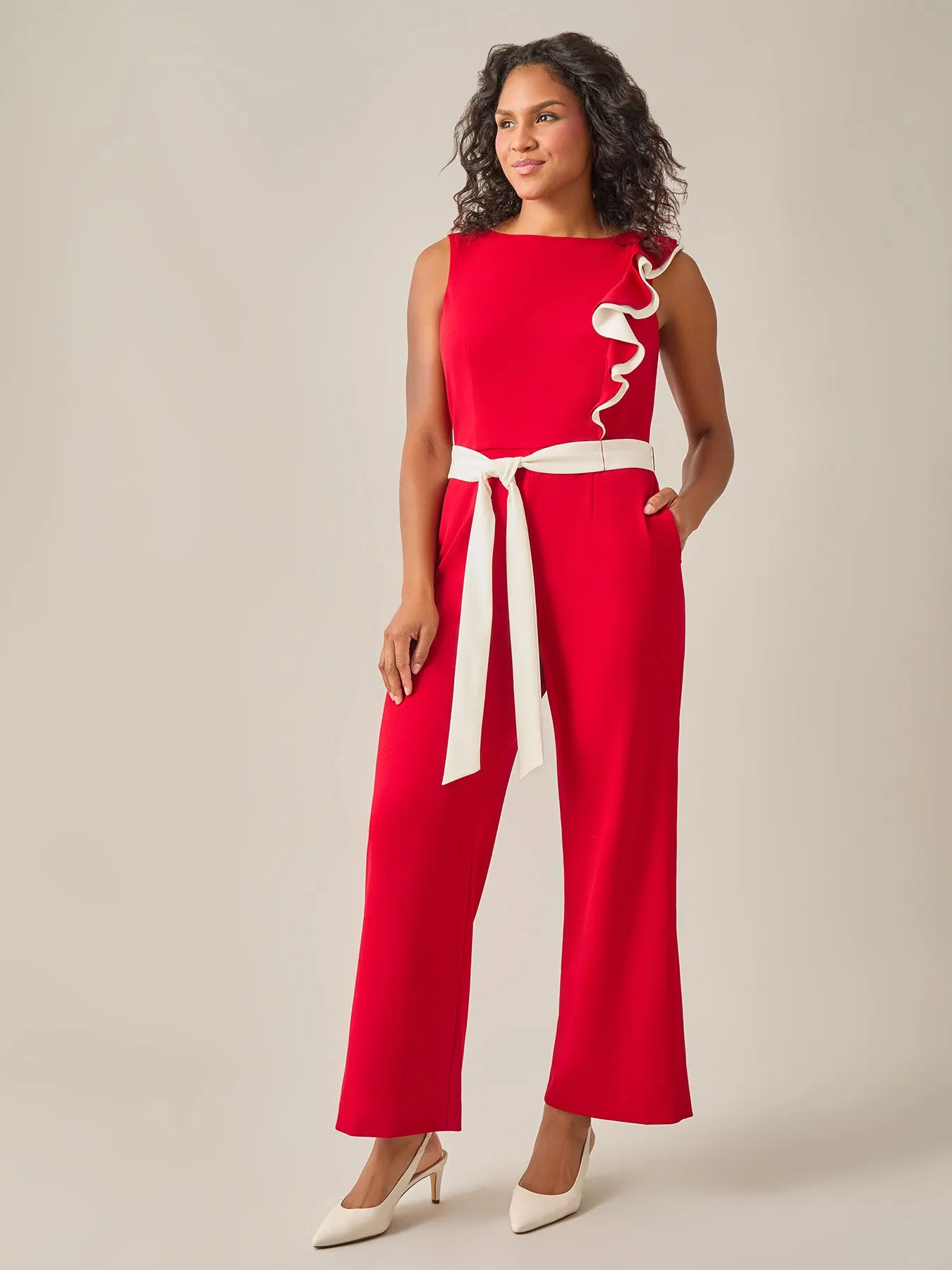 Ruffle Shoulder Jumpsuit, Crimson