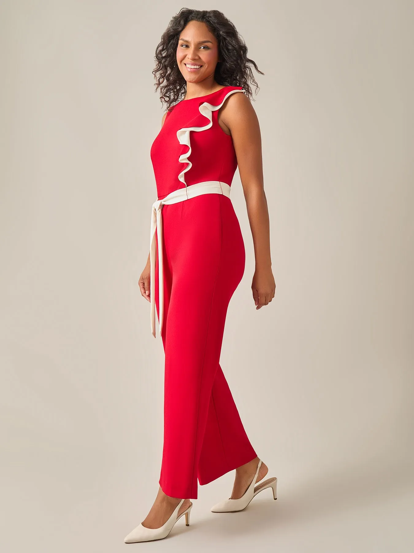 Ruffle Shoulder Jumpsuit, Crimson