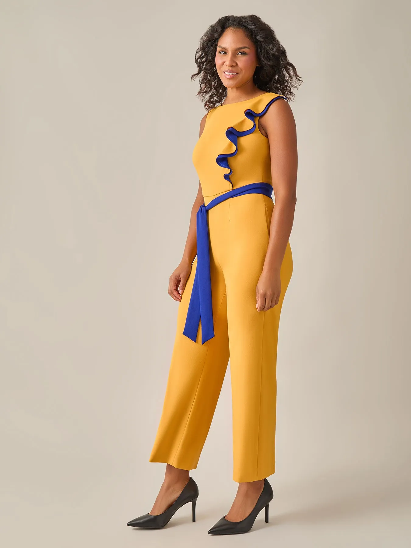Ruffle Shoulder Jumpsuit, Gold Signature