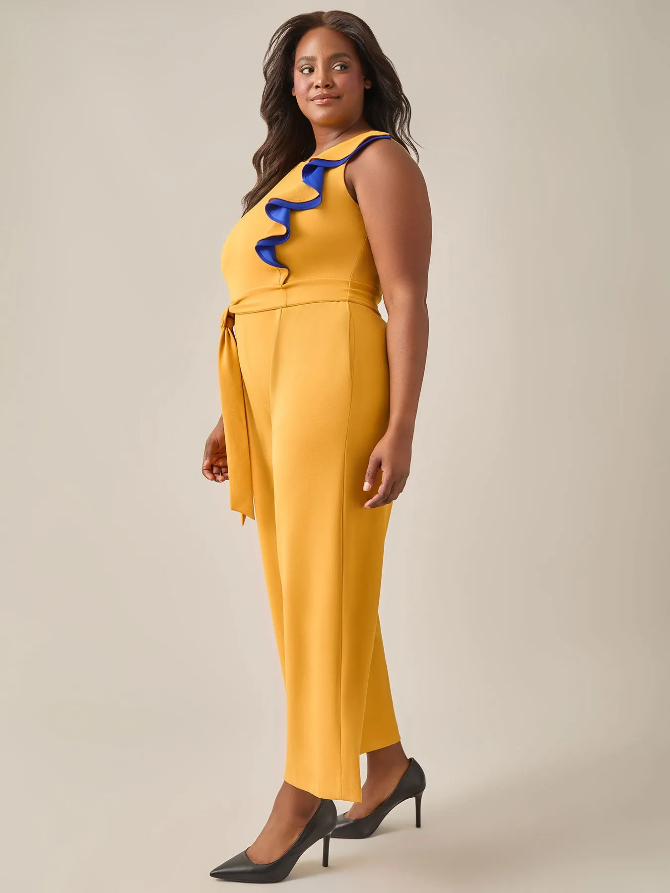 Ruffle Shoulder Jumpsuit, Gold Signature