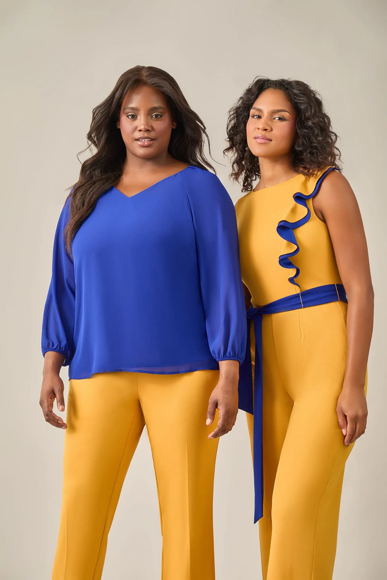 Ruffle Shoulder Jumpsuit, Gold Signature
