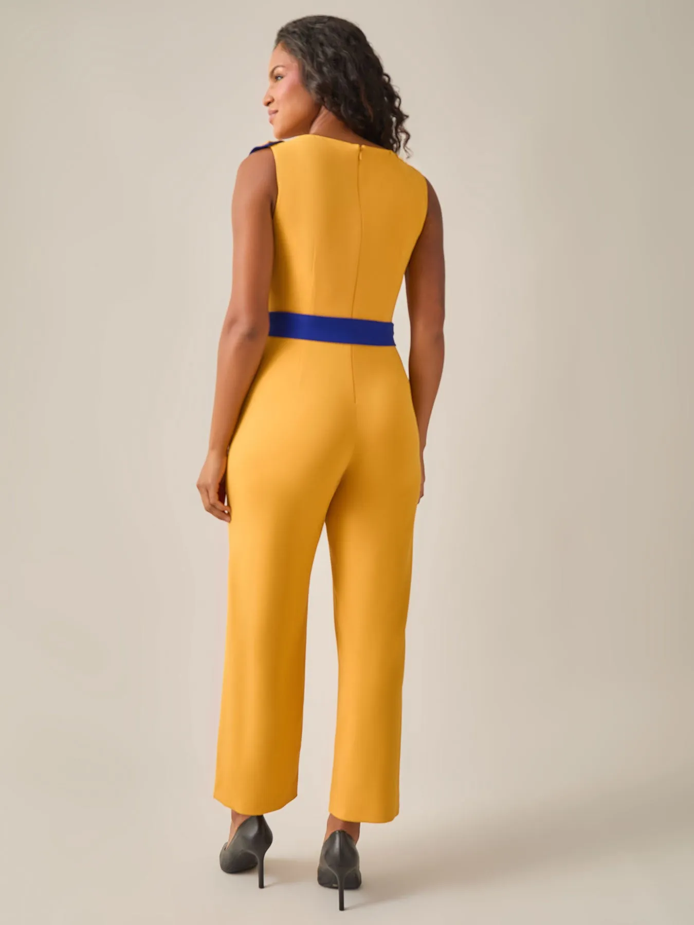 Ruffle Shoulder Jumpsuit, Gold Signature