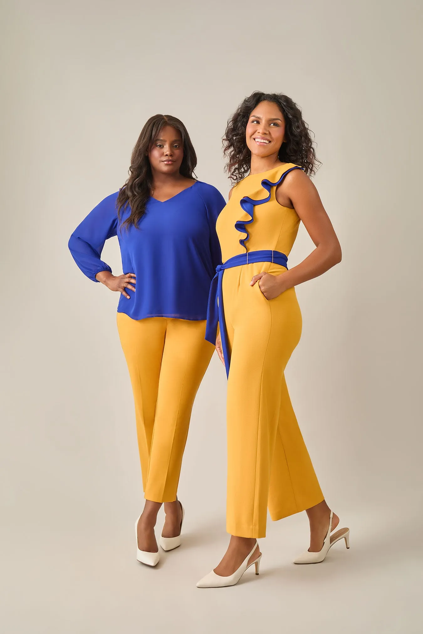 Ruffle Shoulder Jumpsuit, Gold Signature