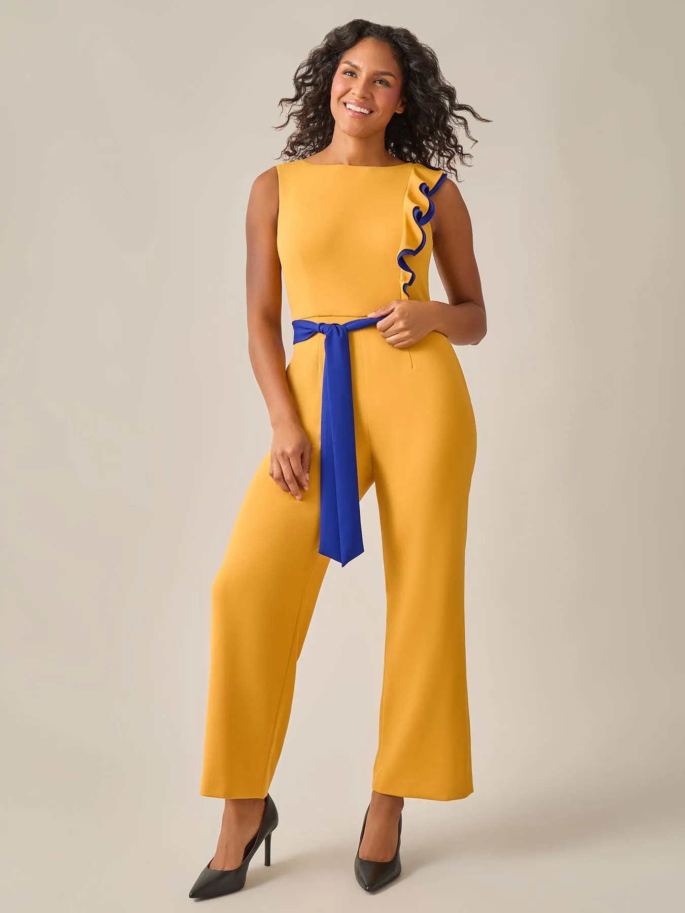 Ruffle Shoulder Jumpsuit, Gold Signature