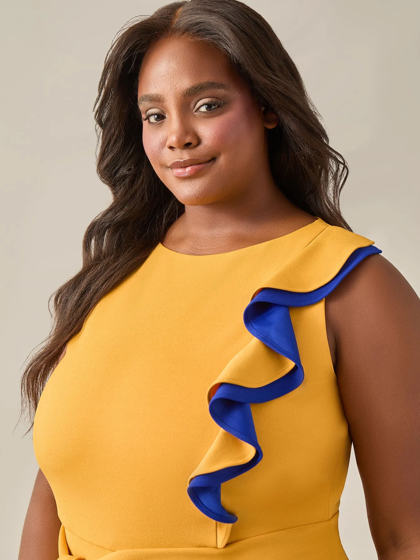 Ruffle Shoulder Jumpsuit, Gold Signature