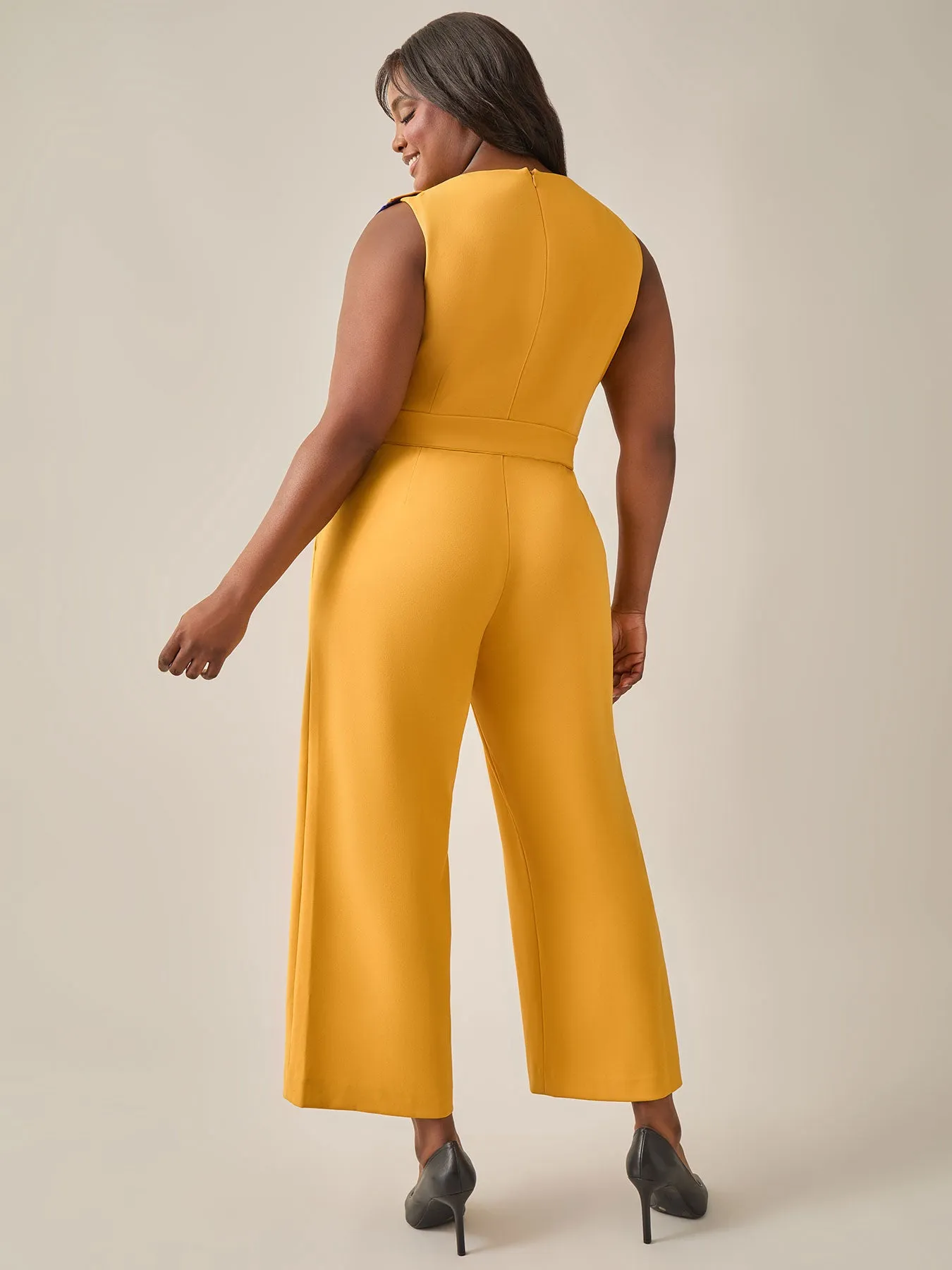 Ruffle Shoulder Jumpsuit, Gold Signature