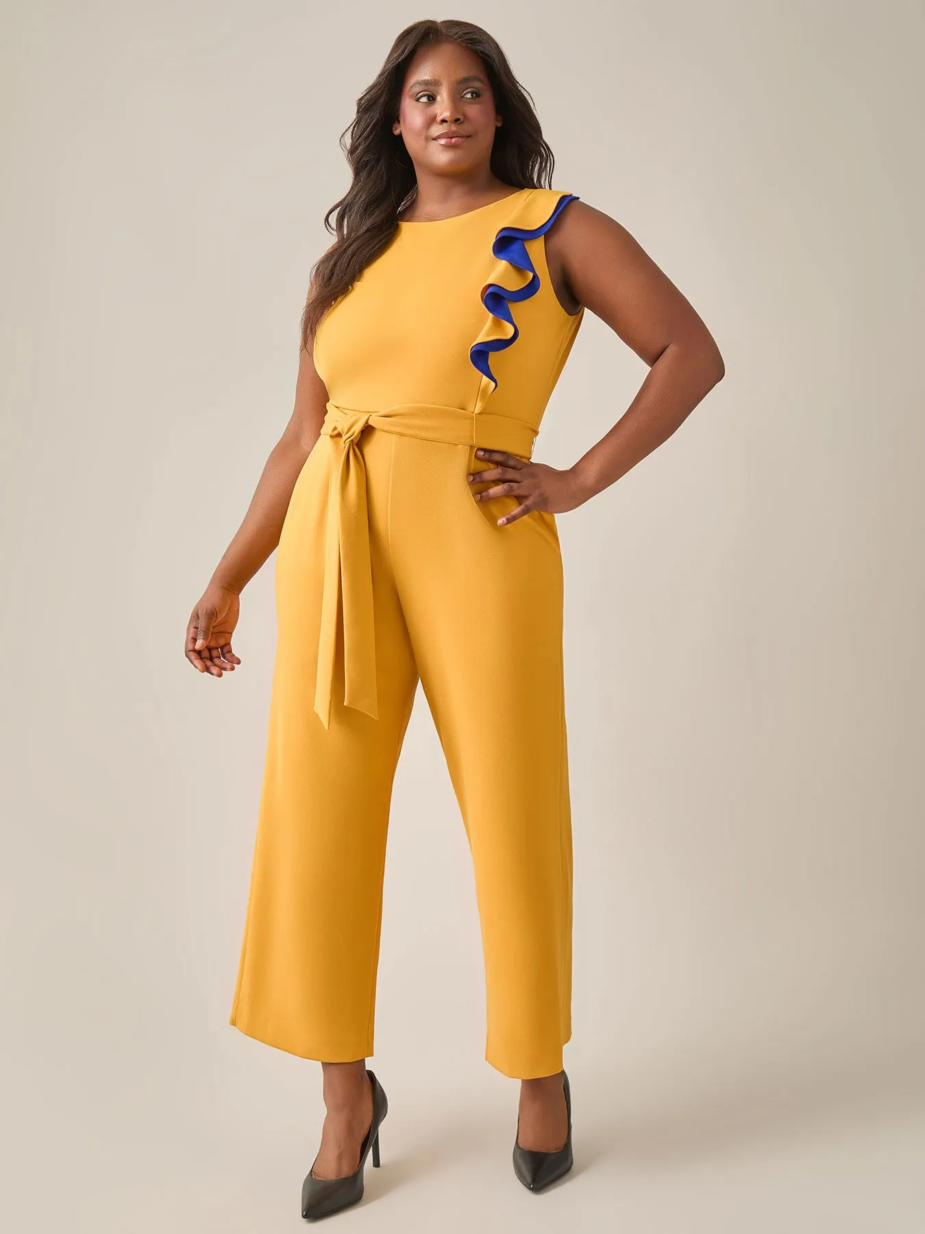 Ruffle Shoulder Jumpsuit, Gold Signature