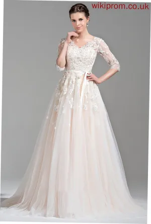 Sequins Lace Tulle Dress Wedding Dresses Bow(s) Court Wedding Train Appliques V-neck Ball-Gown/Princess With Beading Maeve