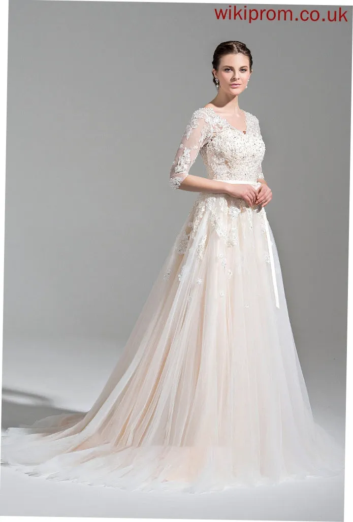 Sequins Lace Tulle Dress Wedding Dresses Bow(s) Court Wedding Train Appliques V-neck Ball-Gown/Princess With Beading Maeve