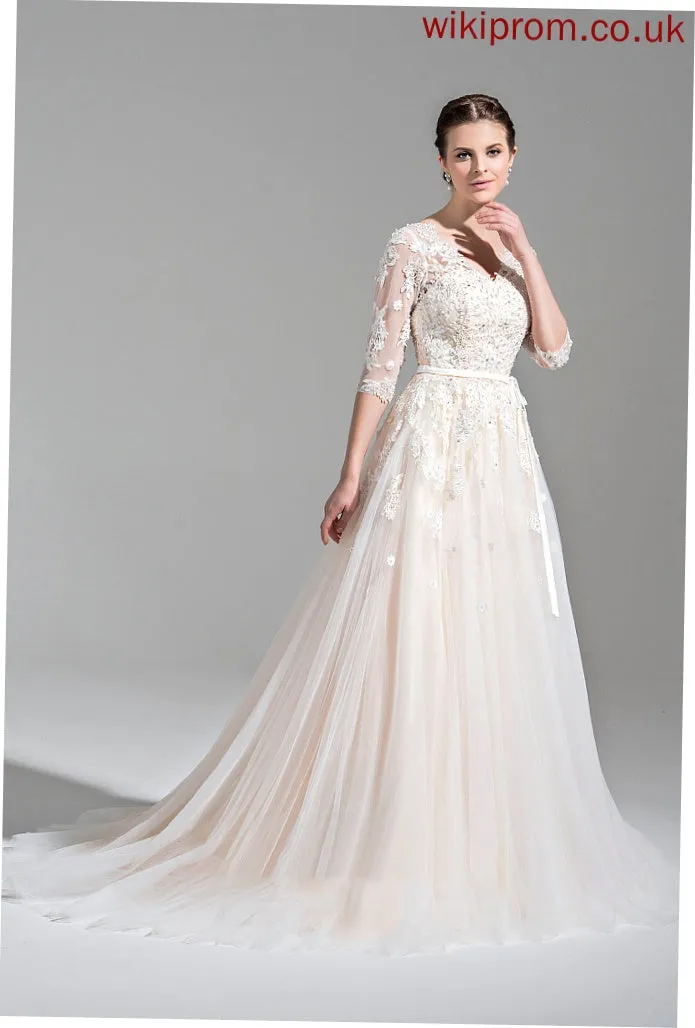 Sequins Lace Tulle Dress Wedding Dresses Bow(s) Court Wedding Train Appliques V-neck Ball-Gown/Princess With Beading Maeve