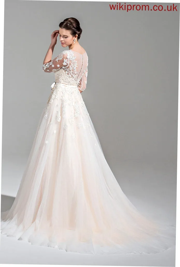 Sequins Lace Tulle Dress Wedding Dresses Bow(s) Court Wedding Train Appliques V-neck Ball-Gown/Princess With Beading Maeve