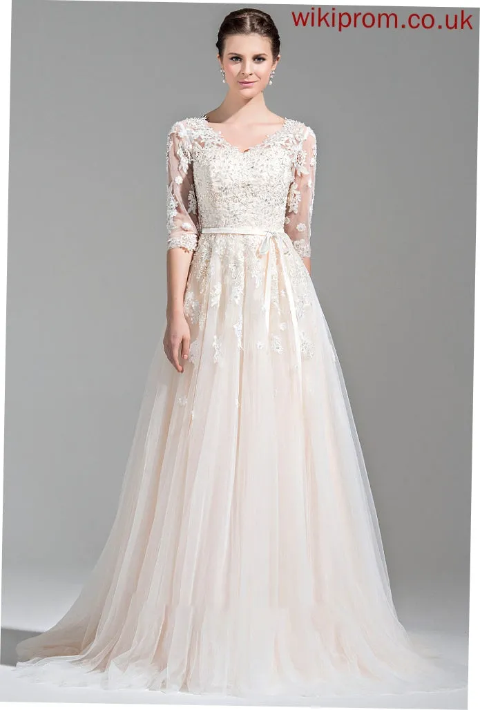 Sequins Lace Tulle Dress Wedding Dresses Bow(s) Court Wedding Train Appliques V-neck Ball-Gown/Princess With Beading Maeve