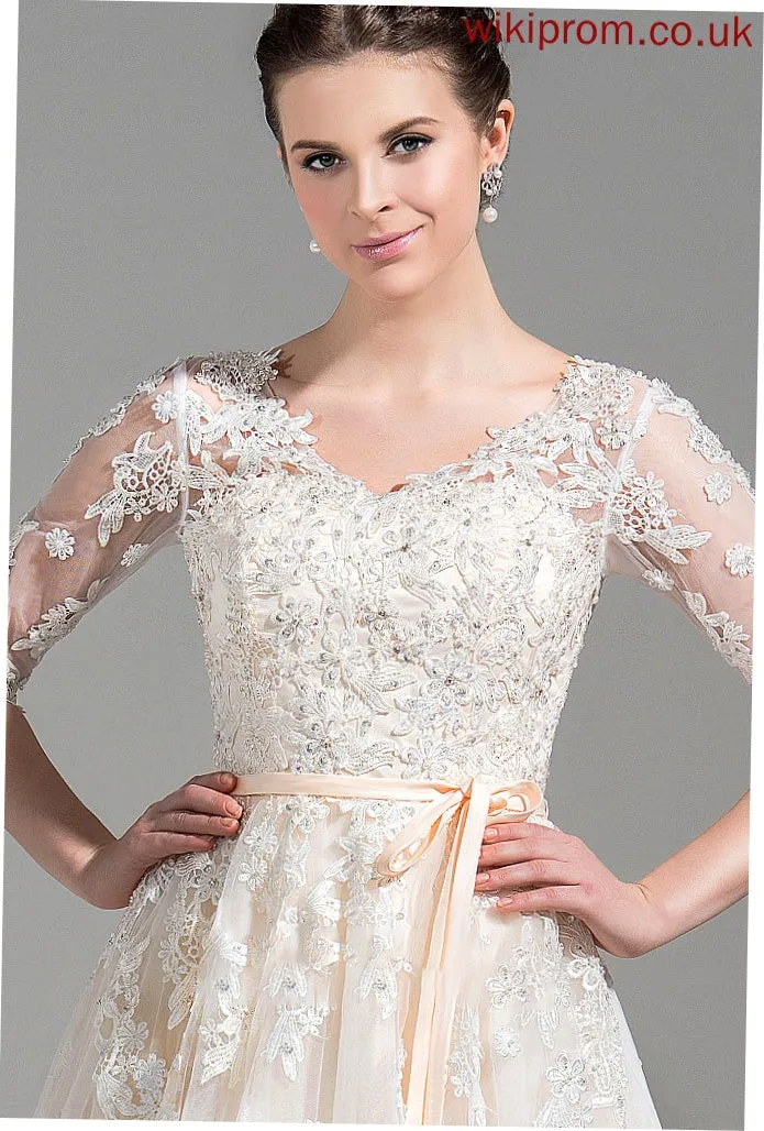 Sequins Lace Tulle Dress Wedding Dresses Bow(s) Court Wedding Train Appliques V-neck Ball-Gown/Princess With Beading Maeve