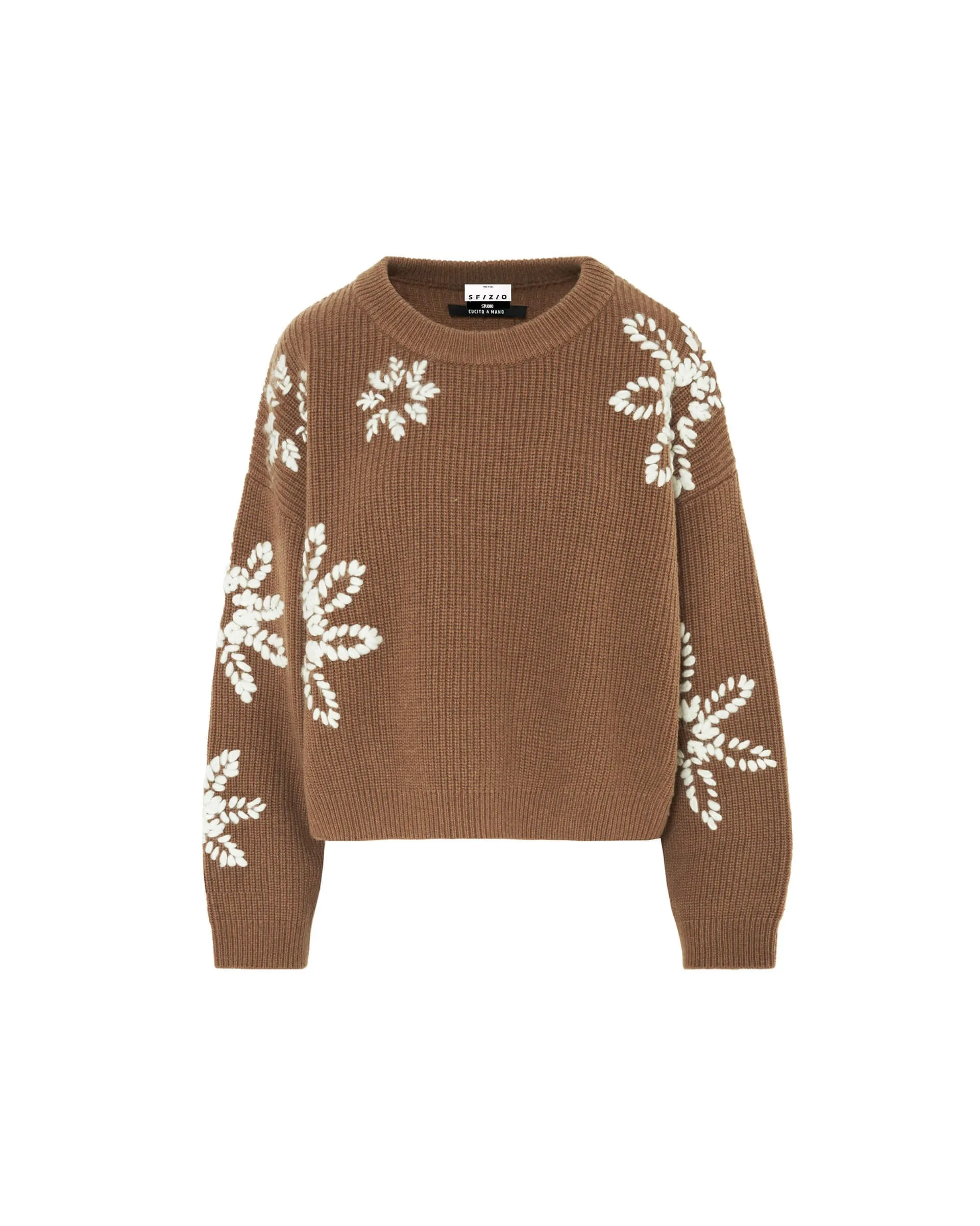 SFIZIO - WOOL BLEND CREWNECK SWEATER WITH HAND EMBROIDERED FLOWERS