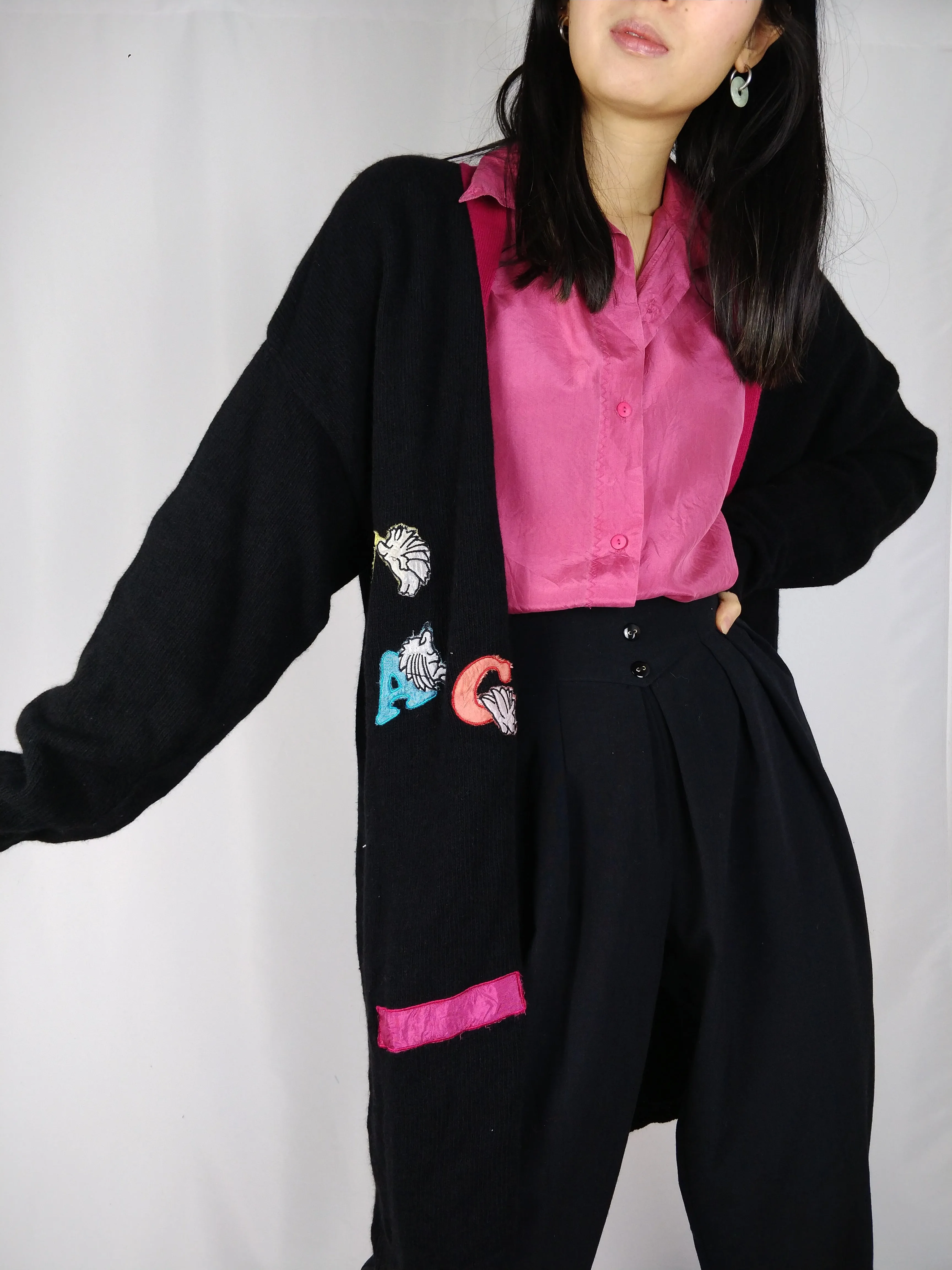 The Jacket Cardigan | Vintage wool long logo embroidery cardigan L