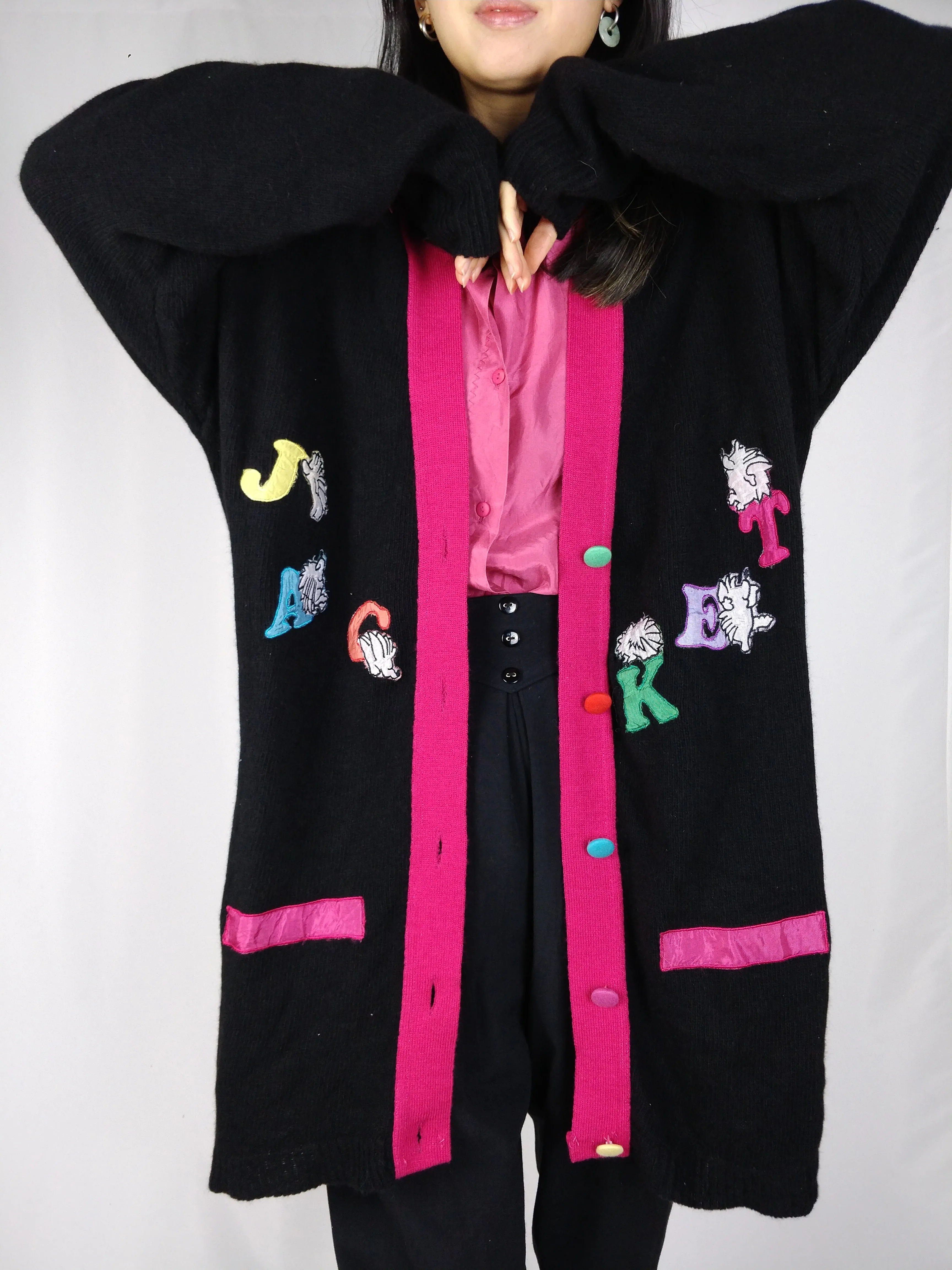 The Jacket Cardigan | Vintage wool long logo embroidery cardigan L