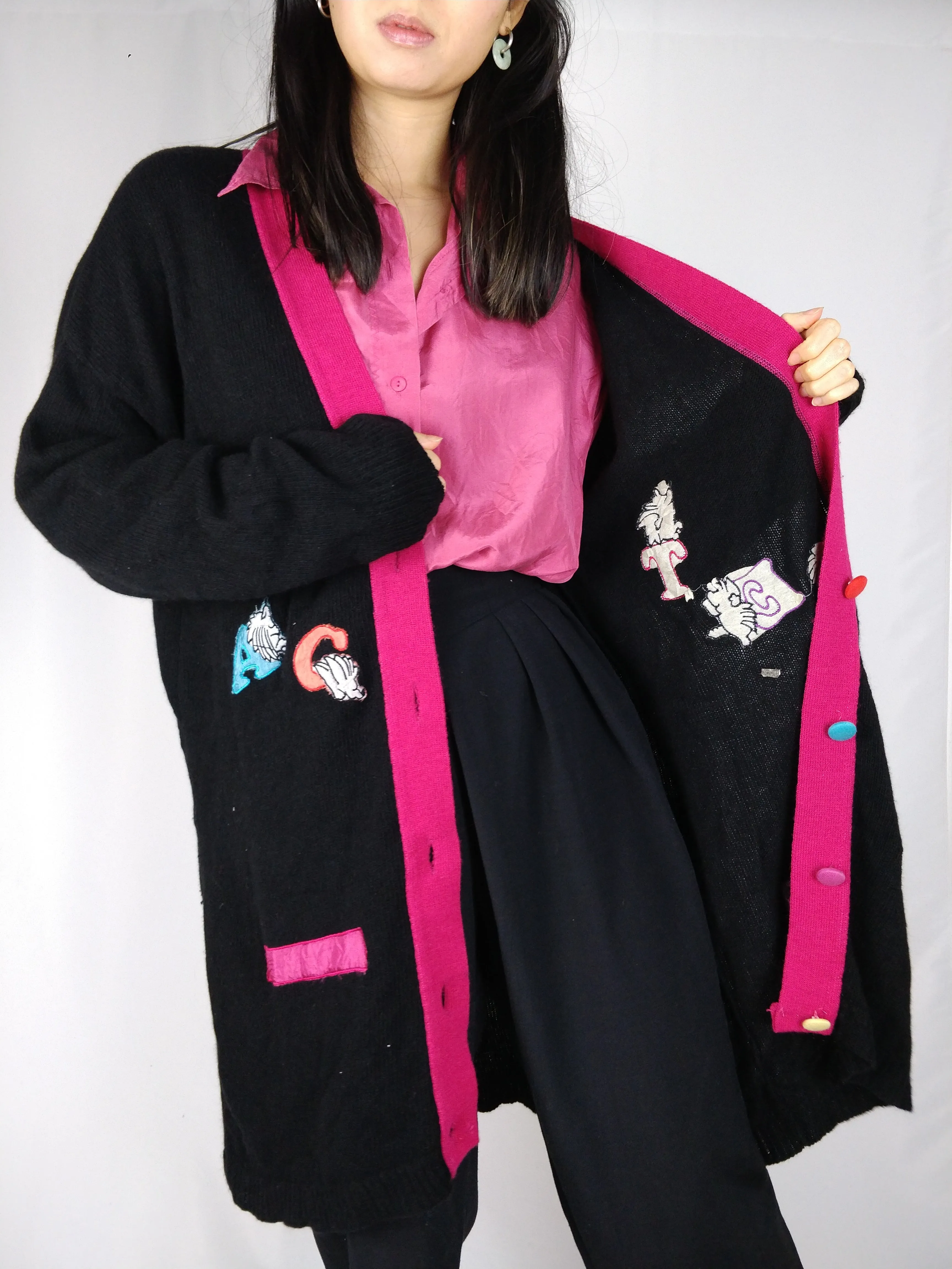 The Jacket Cardigan | Vintage wool long logo embroidery cardigan L