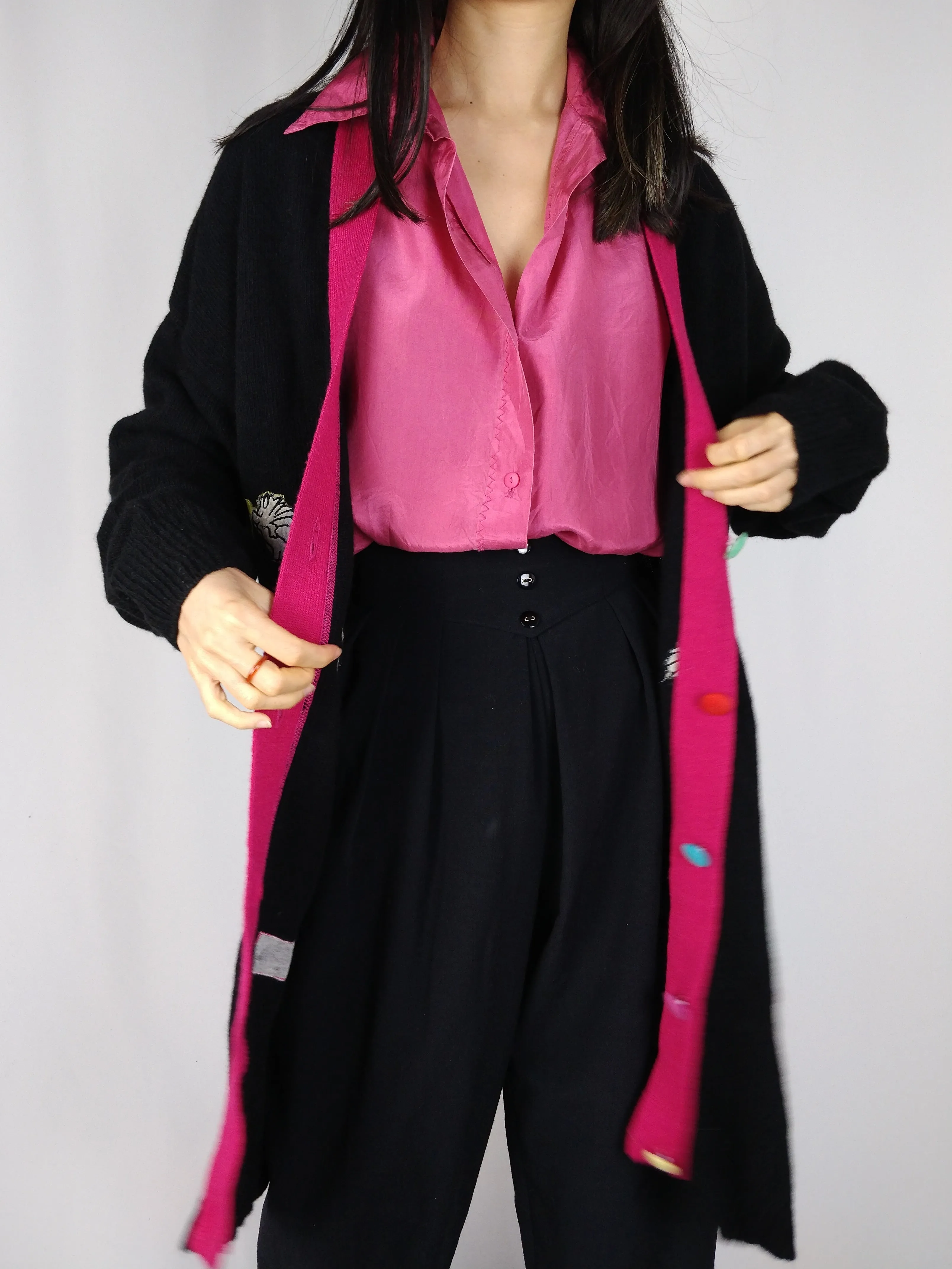 The Jacket Cardigan | Vintage wool long logo embroidery cardigan L
