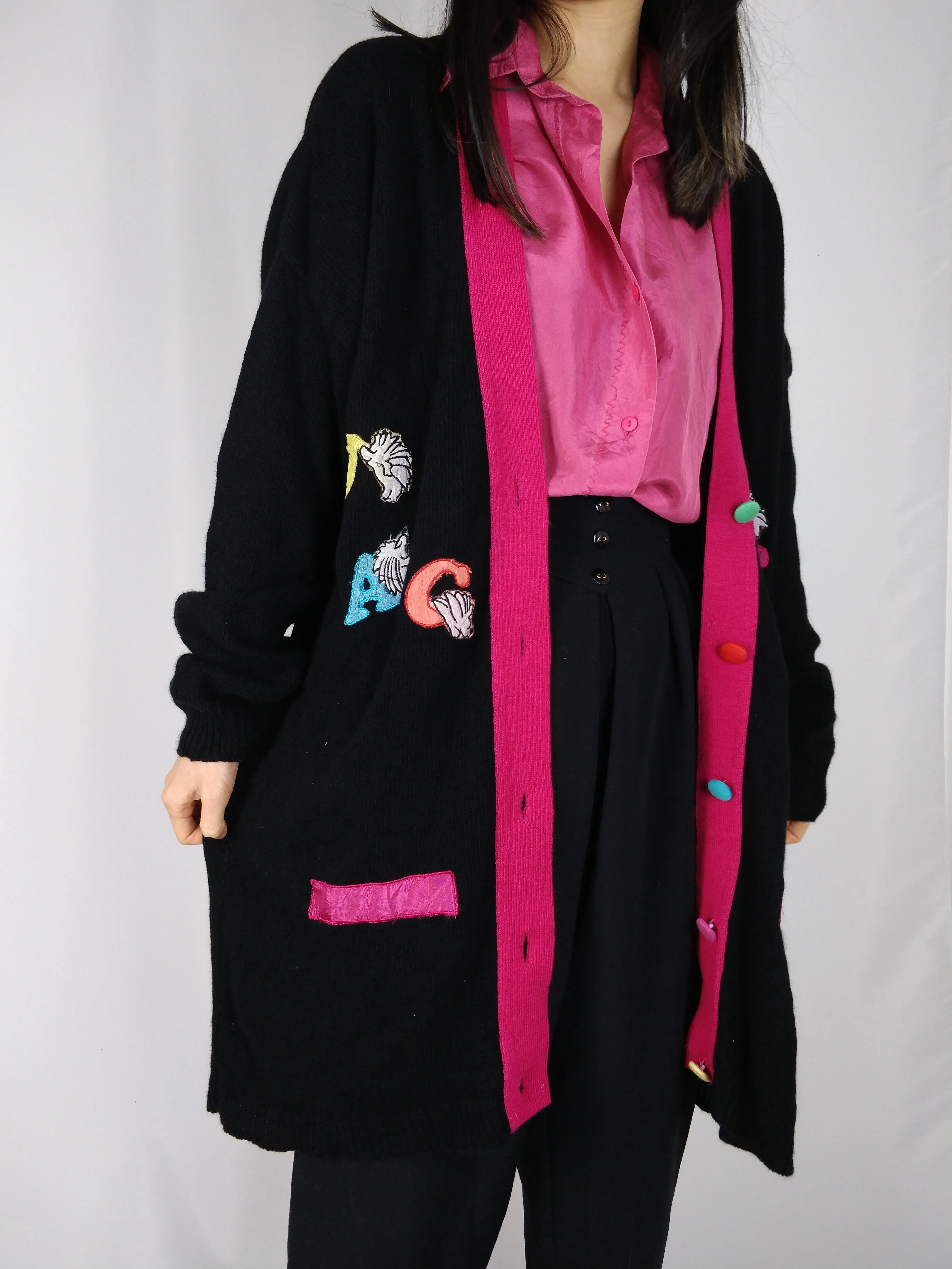 The Jacket Cardigan | Vintage wool long logo embroidery cardigan L