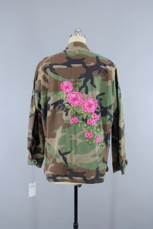 US Army Camouflage Jacket with Pink Floral Embroidery Patch