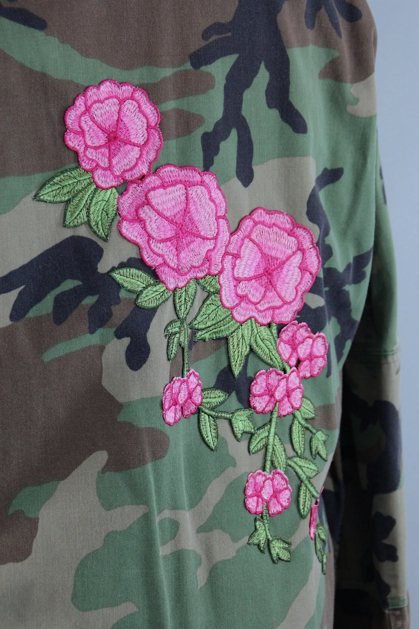 US Army Camouflage Jacket with Pink Floral Embroidery Patch