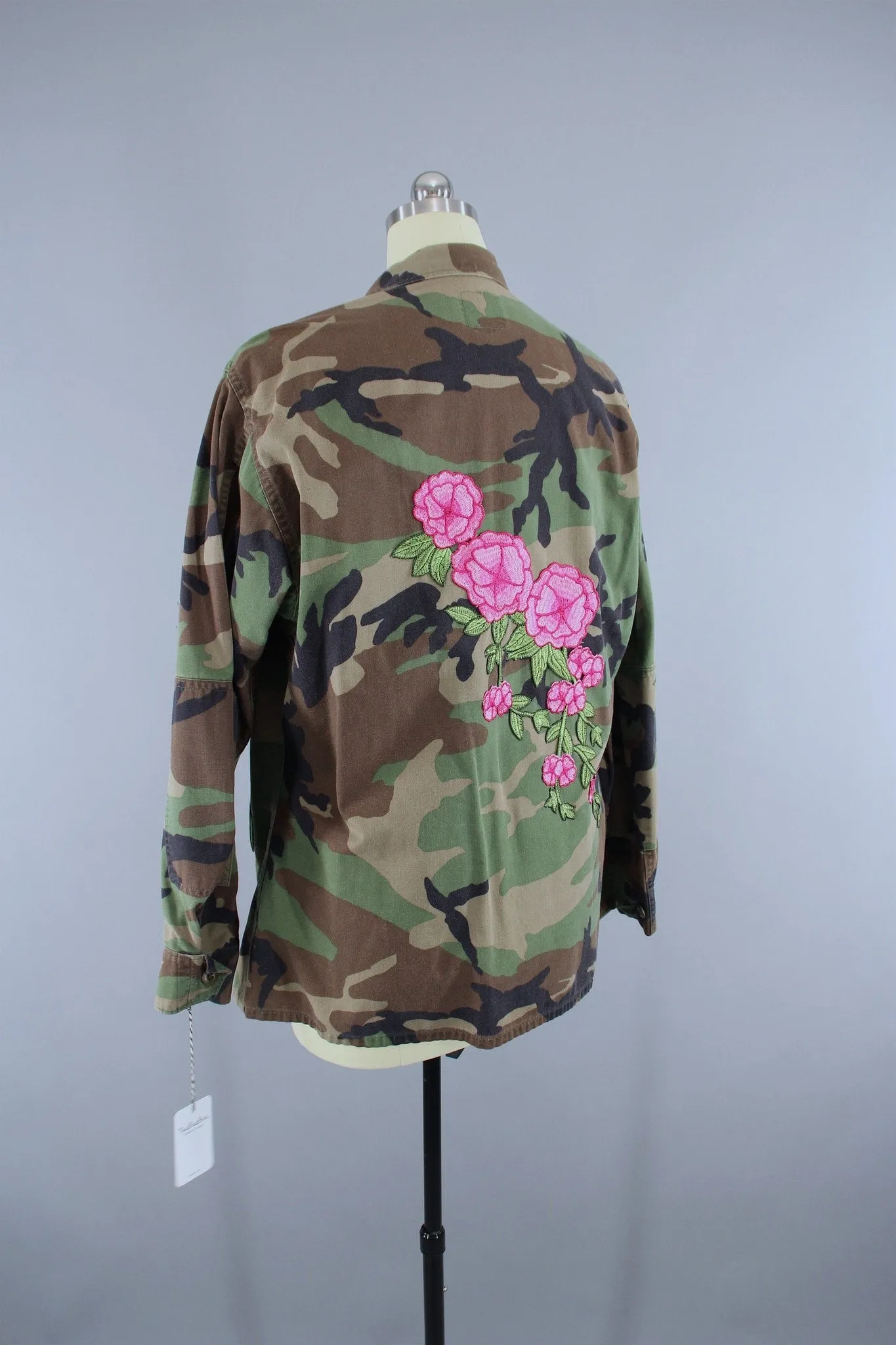 US Army Camouflage Jacket with Pink Floral Embroidery Patch