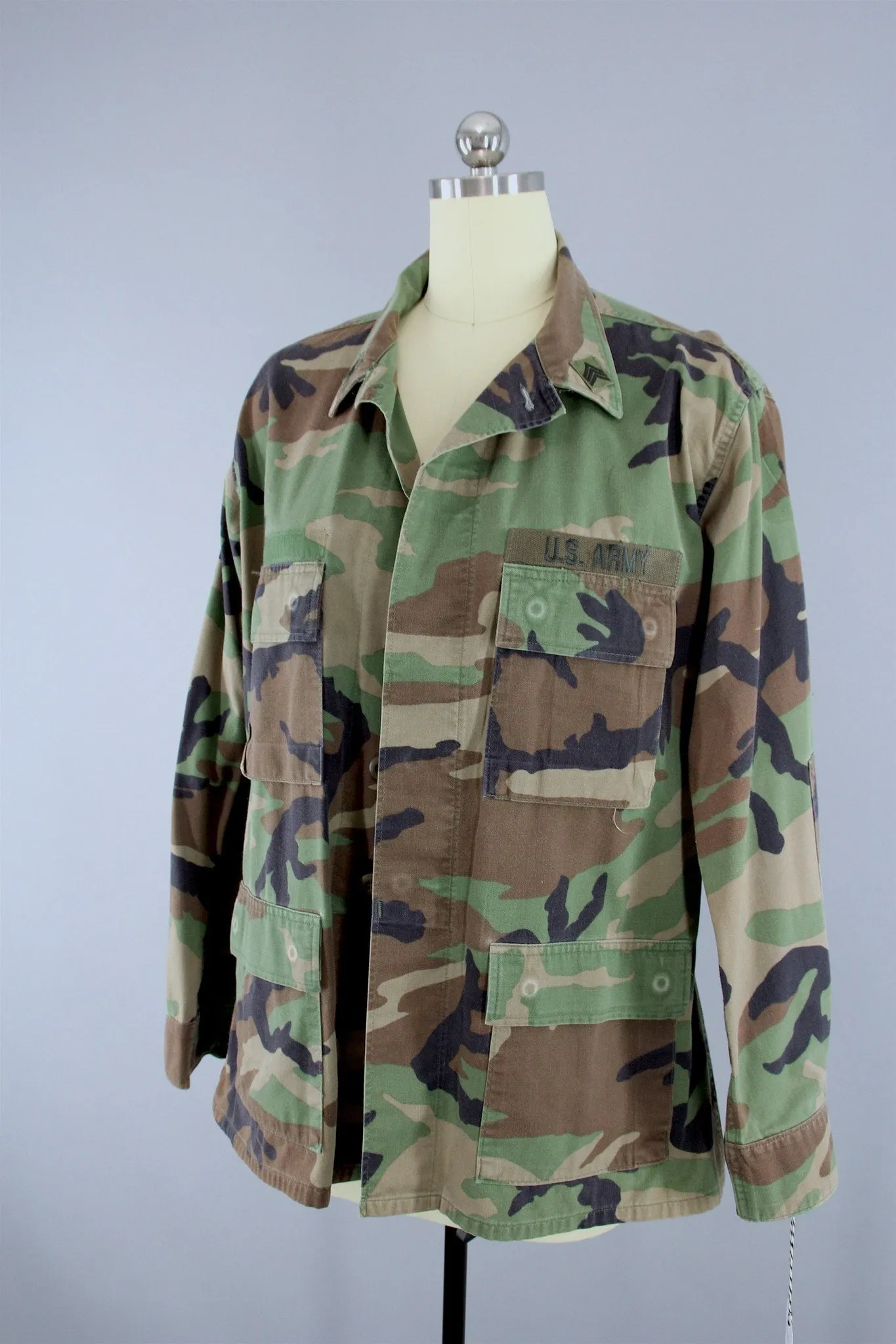 US Army Camouflage Jacket with Pink Floral Embroidery Patch