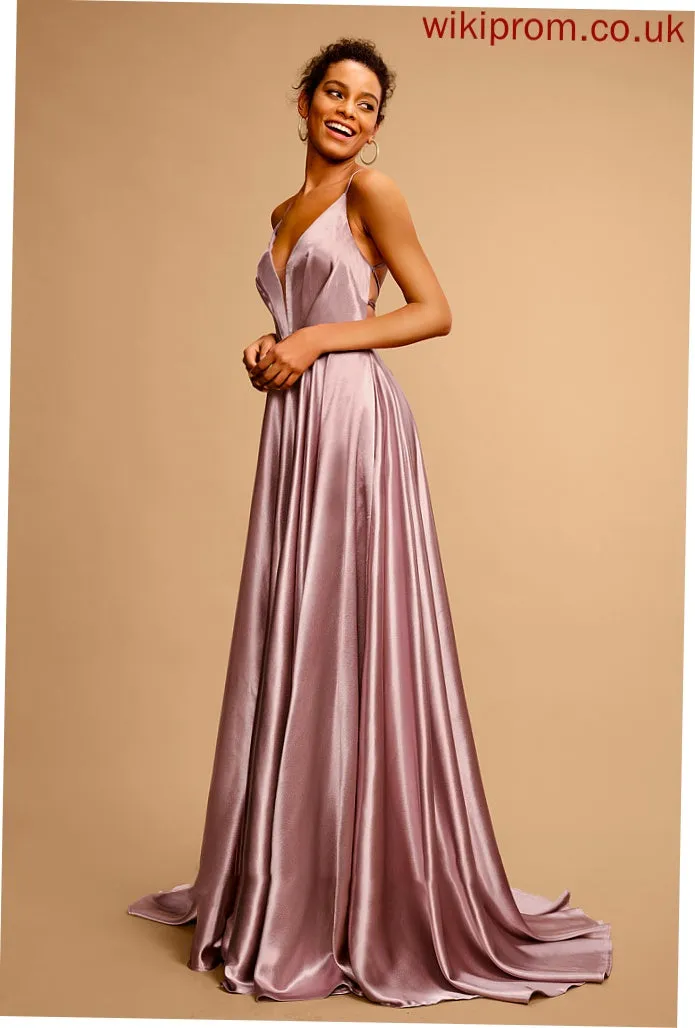 V-neck Sweep Train Frida Ball-Gown/Princess Satin Prom Dresses