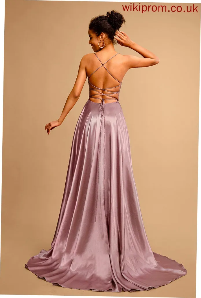 V-neck Sweep Train Frida Ball-Gown/Princess Satin Prom Dresses