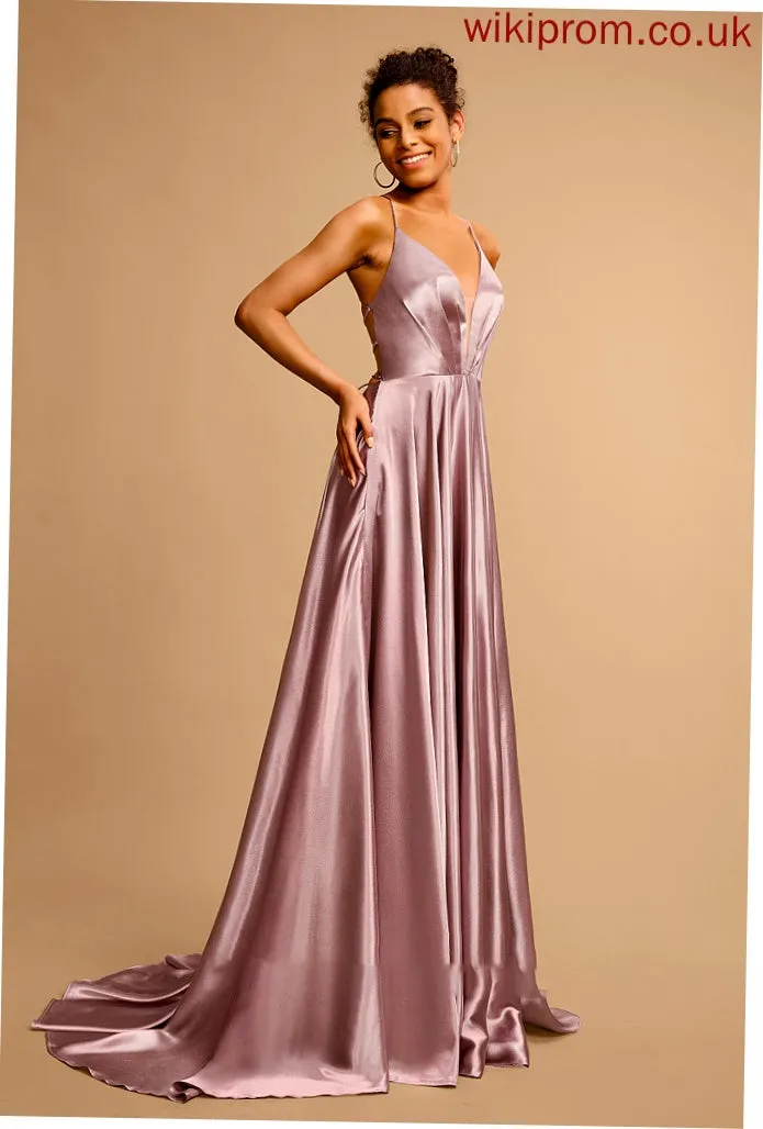 V-neck Sweep Train Frida Ball-Gown/Princess Satin Prom Dresses