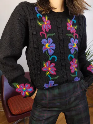 Vintage 100% wool sweater flower floral embroidery black winter knit knitted pullover jumper S