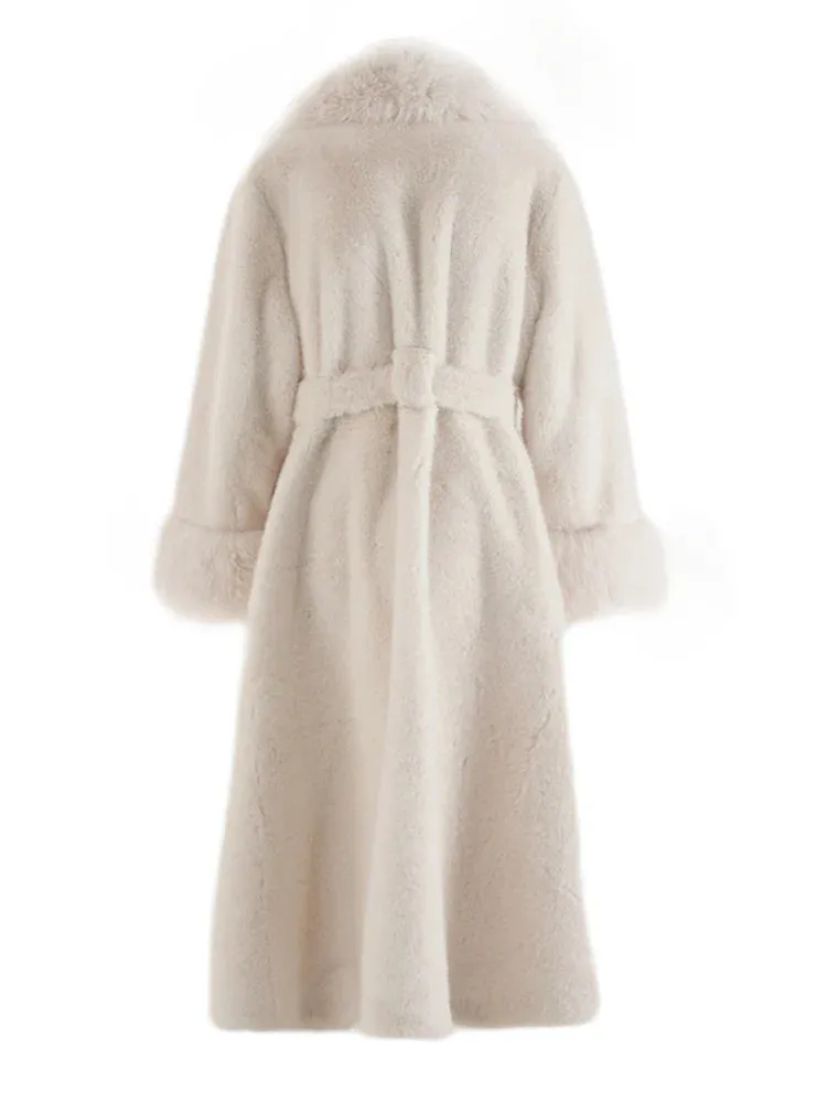 Wenkouban-Winter outfits Christmas Fluffy Lapel Warm Long Beige Faux Fur Coat with Belt