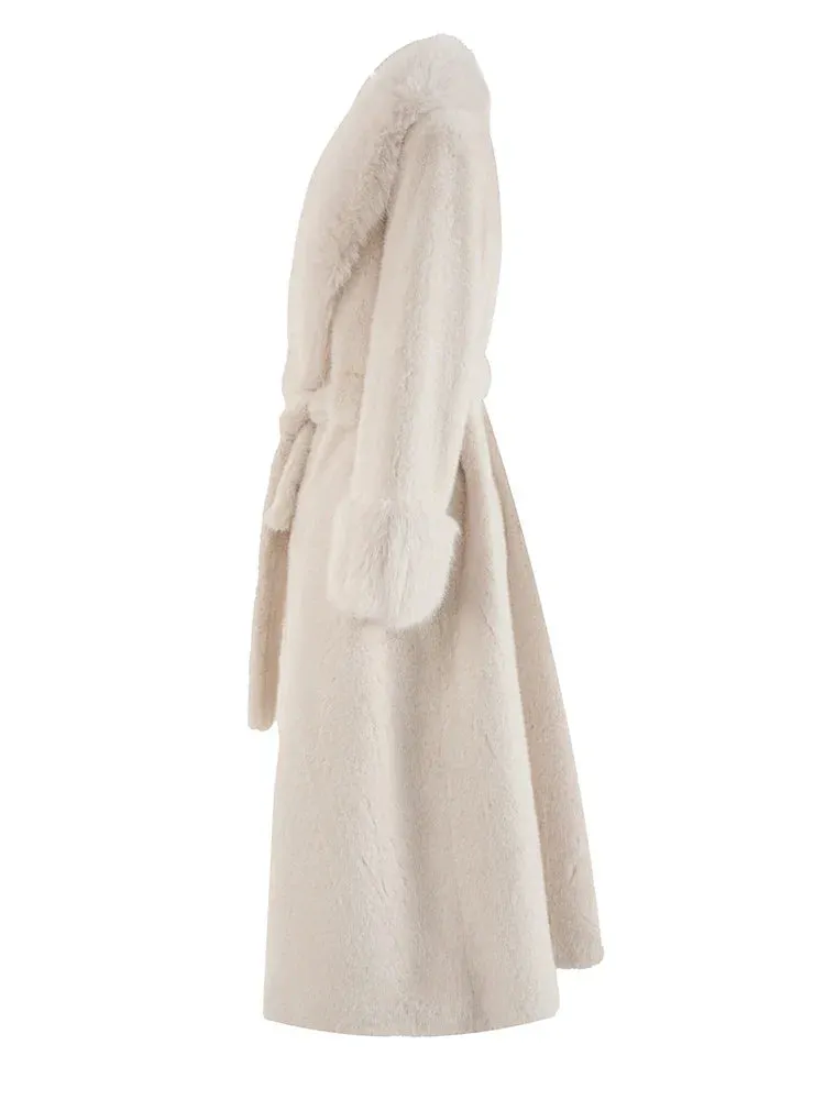 Wenkouban-Winter outfits Christmas Fluffy Lapel Warm Long Beige Faux Fur Coat with Belt